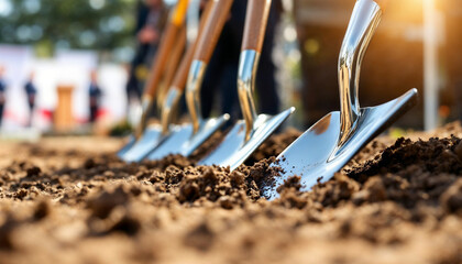 Close-up ceremonial shovels in soil, sunlit, ribbons, and blurred festive groundbreaking scene.

