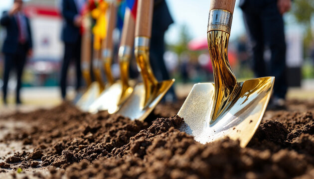 Close-up ceremonial shovels in soil, sunlit, ribbons, and blurred festive groundbreaking scene.


