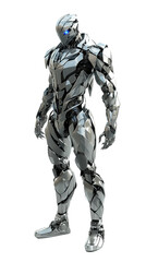 Futuristic humanoid robot with metallic armor, detailed design, isolated on PNG cutout transparent background.
