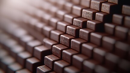 Obraz premium A Close-Up View of Chocolate Bars Arranged in an Ascending Ladder Formation Highlighting Price Tags and Textures in a Warm, Inviting Setting