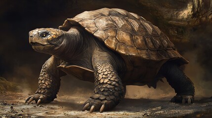 Obraz premium A majestic tortoise crawls slowly across an ancient landscape, showcasing its intricate shell and wise demeanor.