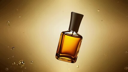 An elegant perfume bottle suspended in mid-air, surrounded by droplets of water. The striking golden backdrop adds a luxurious touch, enhancing the overall appeal of the scene.