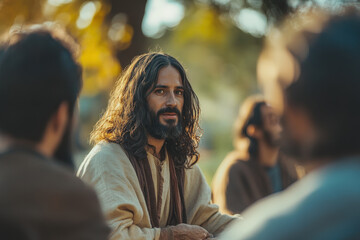 Fototapeta premium Jesus Speaking Among Disciples Outdoors