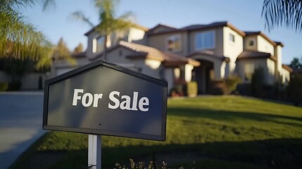 Obraz premium New House For Sale Sign in Sunny Residential Neighborhood