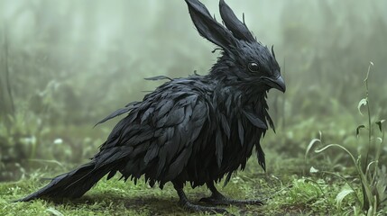A mystical black bird stands in a misty forest, surrounded by lush greens and mysterious ambiance.
