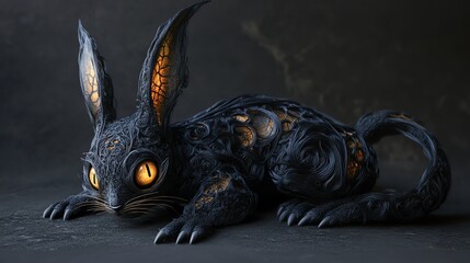 Obraz premium A mystical black rabbit with glowing eyes rests on a textured surface, showcasing intricate patterns on its fur.