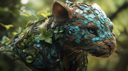 Obraz premium A mystical creature covered in vibrant foliage, blending seamlessly into its lush green environment.