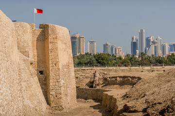 The wall of Qal'at al-Bahrain (Bahrain Fort), an archeological site in Manama, UNESCO World...
