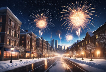 Obraz premium City street with buildings lit up by fireworks on New Years Eve