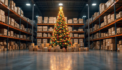 Festive warehouse with stacked boxes, Christmas tree, lights, and holiday distribution vibe.

