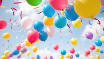 Bright and colorful helium balloons floating against a clear blue sky, balloons, fun