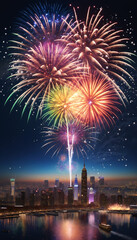 Fototapeta premium Colorful fireworks light up the night sky over a city skyline
