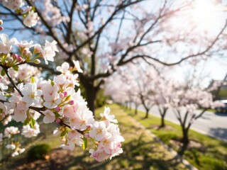Obraz premium Cherry blossom trees casting dappled sunlight in a serene suburban setting, tranquil, sunlight