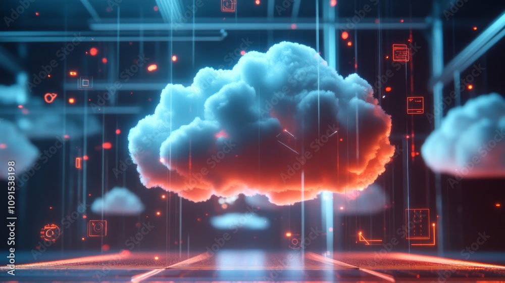 Poster a vibrant digital cloud floats above a modern, high-tech background filled with glowing lines and sy