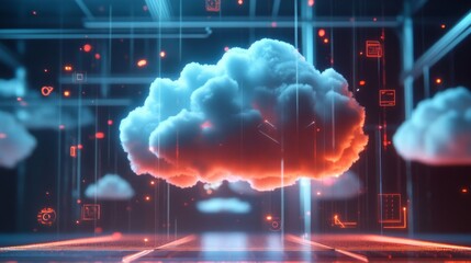 A vibrant digital cloud floats above a modern, high-tech background filled with glowing lines and symbols. This representation emphasizes cloud technology and connectivity in a futuristic landscape.