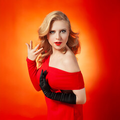 Glamorous Woman in Red Dress with Beauty Makeup