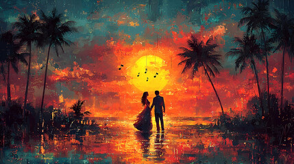 Fototapeta premium A romantic sunset scene featuring a couple standing by the water, surrounded by palm trees and vibrant colors in the sky.