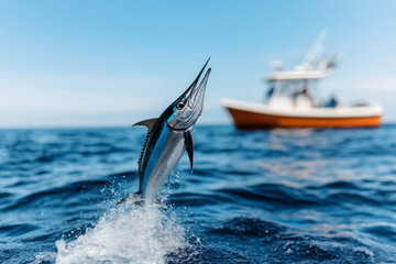 Marlin leaps out of the ocean with a fishing boat in the background