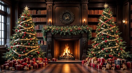 Stylish Living Room with Fireplace and Decorated Christmas Tree, Festive Ambiance