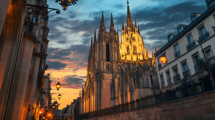 An intricate historic cathedral standing tall against a twilight sky its gothic spires and detailed stonework illuminated softly by streetlights. Gothic Cathedral Spires. Illustration