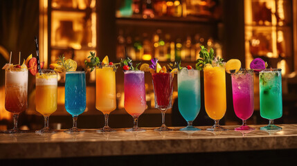 Obraz premium Colorful Selection of Exotic Cocktails with Fresh Fruits and Garnishes in an Elegant Bar Setting Perfect for Summer Gatherings and Celebrations