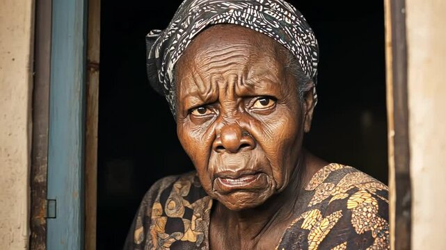 Elderly African woman expresses sorrow over harsh living conditions in her community. Her expression captures the struggles faced daily