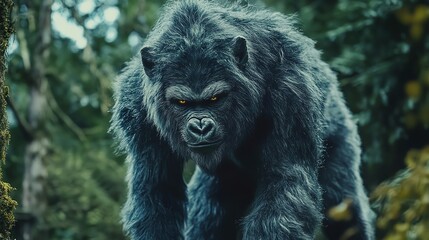 Obraz premium A powerful gorilla stands in a lush forest, showcasing its strength and majestic presence amidst the greenery.
