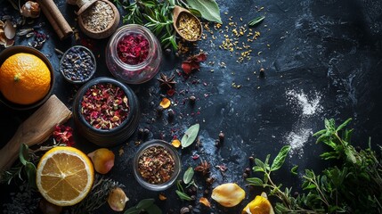 Herbs and spices with citrus on dark rustic background