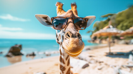 Obraz premium Cool Giraffe Wearing Sunglasses Posing on a Stunning Tropical Beach