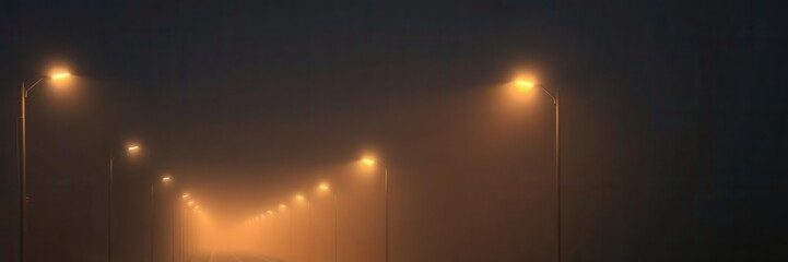 Fog envelops a suburban street at night, streetlights glowing in the mist, serene, streetlights