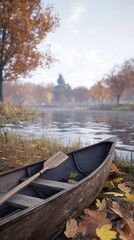Obraz premium A wooden rowboat floats peacefully on a misty river surrounded by autumn trees on a tranquil morning
