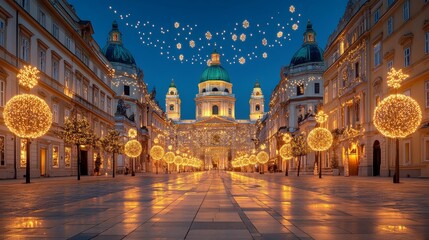 Fototapeta premium Beautiful illuminated street with festive decorations and stunning architecture at night