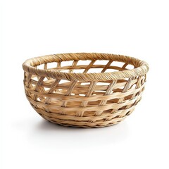 Empty woven basket displaying intricate handcrafted design on white background