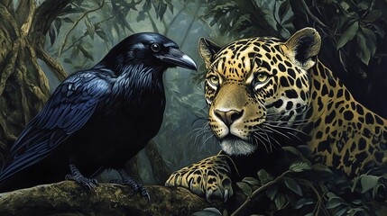 Fototapeta premium A powerful moment in nature featuring a raven and a jaguar, highlighting the beauty of wildlife in a lush environment.