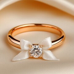 A stunning gold ring adorned with a sparkling diamond and a delicate white bow, perfect for engagements or special occasions.