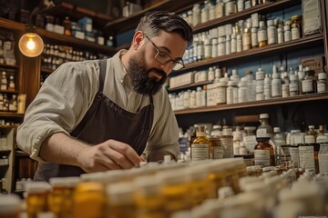 Handcrafted potion preparation in a vintage apothecary showcasing a skilled artisan at work