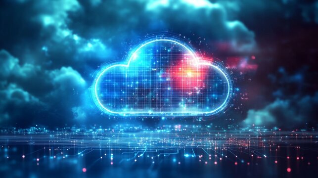 A vibrant digital cloud symbolized by glowing lights and data connections is depicted against a dark, moody backdrop filled with swirling clouds, creating a futuristic and technological atmosphere.