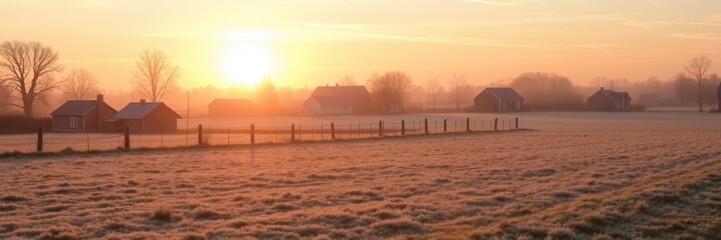Obraz premium Frost-covered lawn and houses in the golden light of the rising sun on a crisp autumn morning, cold, nature