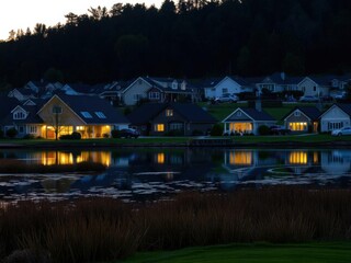 Fototapeta premium Golden hour scene of peaceful neighborhood with houses reflecting in pond, tranquil, sunset