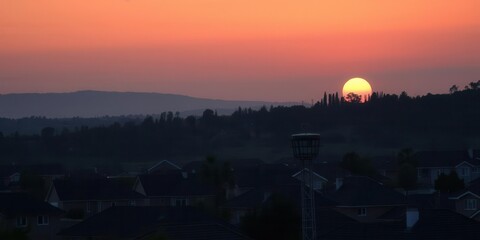 Golden light cascades over a suburban neighborhood at sunset, illuminating each rooftop with a warm glow, architecture, residential area