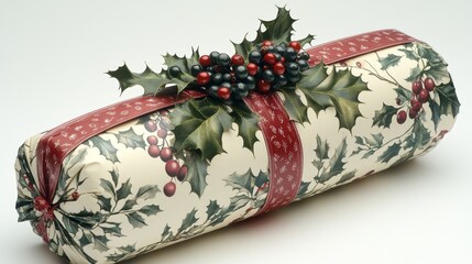 Beautifully wrapped holiday gift with festive decorations and natural embellishments
