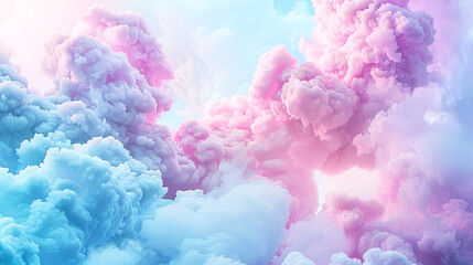 Fototapeta premium Ethereal pastel clouds float in a serene sky, blending soft pink and blue hues in a dreamlike landscape