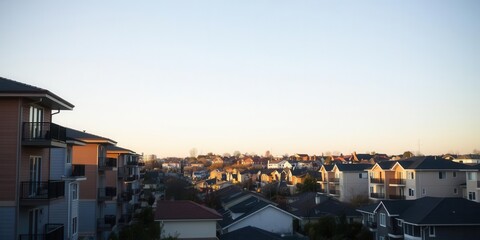 Golden light illuminating modern houses on suburban street at sunrise, daylight, neighborhood