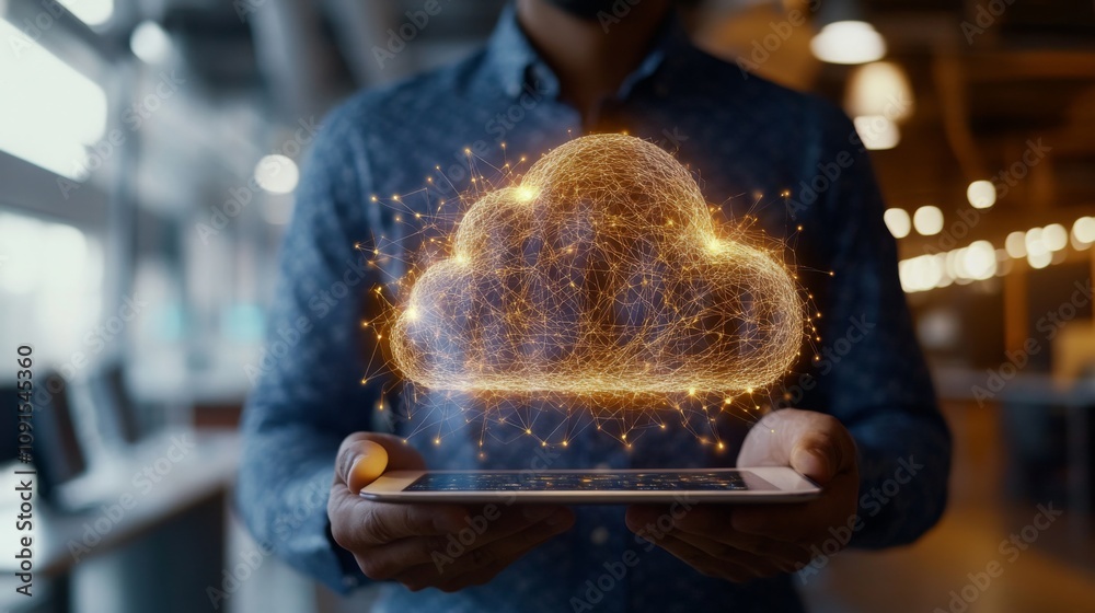 Poster A person is holding a tablet with a glowing digital cloud symbol above it, set in a contemporary office environment. The glowing design signifies data storage and technology integration.