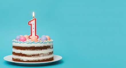 Birthday or anniversary cake with number 1 candle on blue background, perfect for first birthday or anniversary celebrations and special events