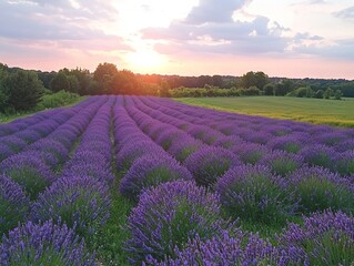 Fototapeta premium Lavender fields at sunset, showcasing vibrant purple blooms and serene nature.