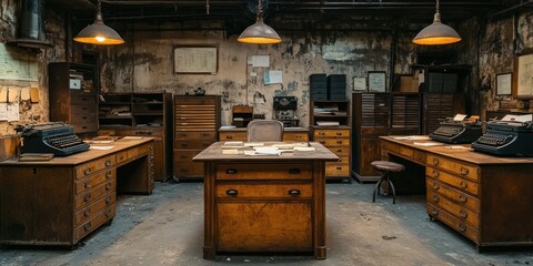 Abandoned Office With Old Typewriters And Filing Cabinets