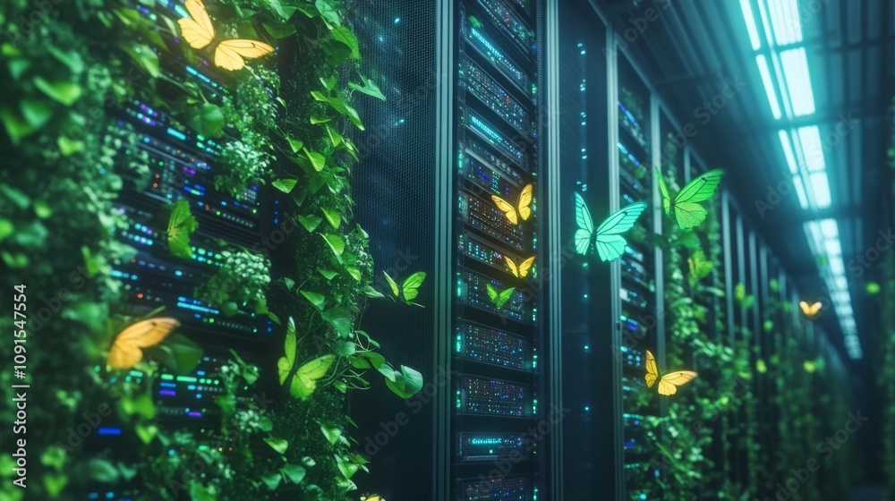 Aufkleber a row of server racks are lined with green vines and glowing butterflies. the room is lit by bright 