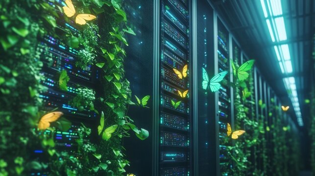 A row of server racks are lined with green vines and glowing butterflies. The room is lit by bright fluorescent lights.