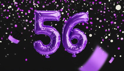 Purple birthday / anniversary balloon, number 56, black background with confetti